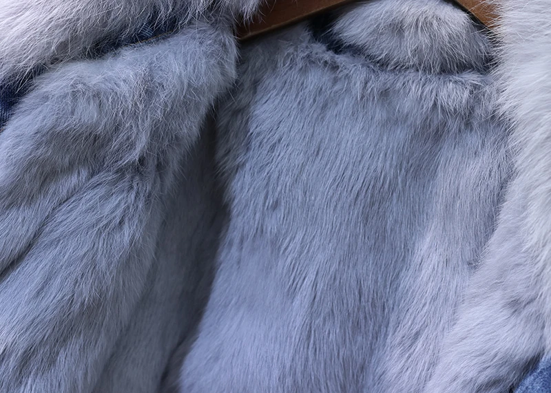Winter new rivet real rabbit fur liner thick denim jacket female
