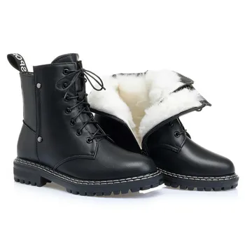 

2021 Genuine New leather snow boots women warm wool winter boots female shoes lace up fashion thick fur ankle boots