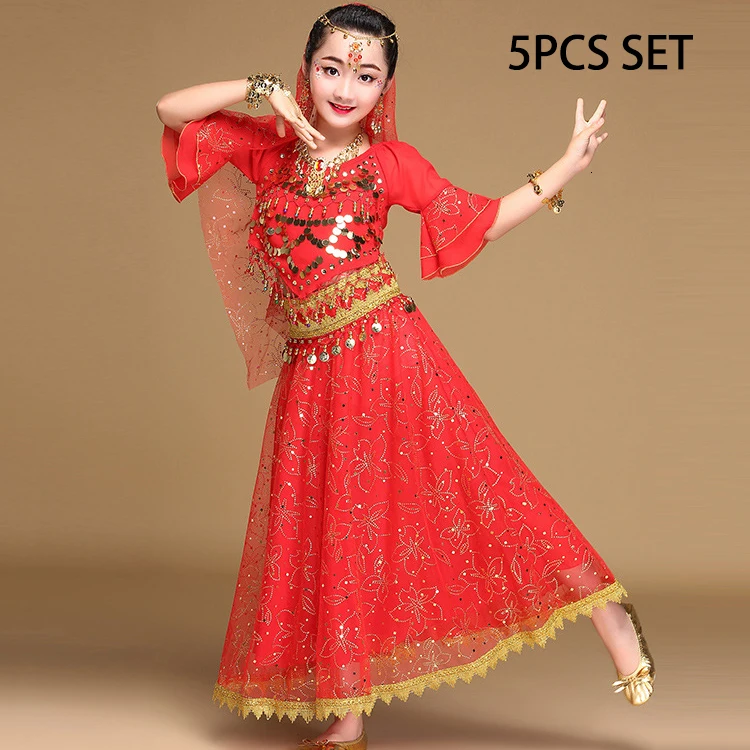 Red 5Pcs Костюм для танца живота для детей, болливудское платье для девочек, детские юбки для восточных танцев на день индийского представления, комплект из 3 предметов, 5 шт - Цвет: Red 5Pcs