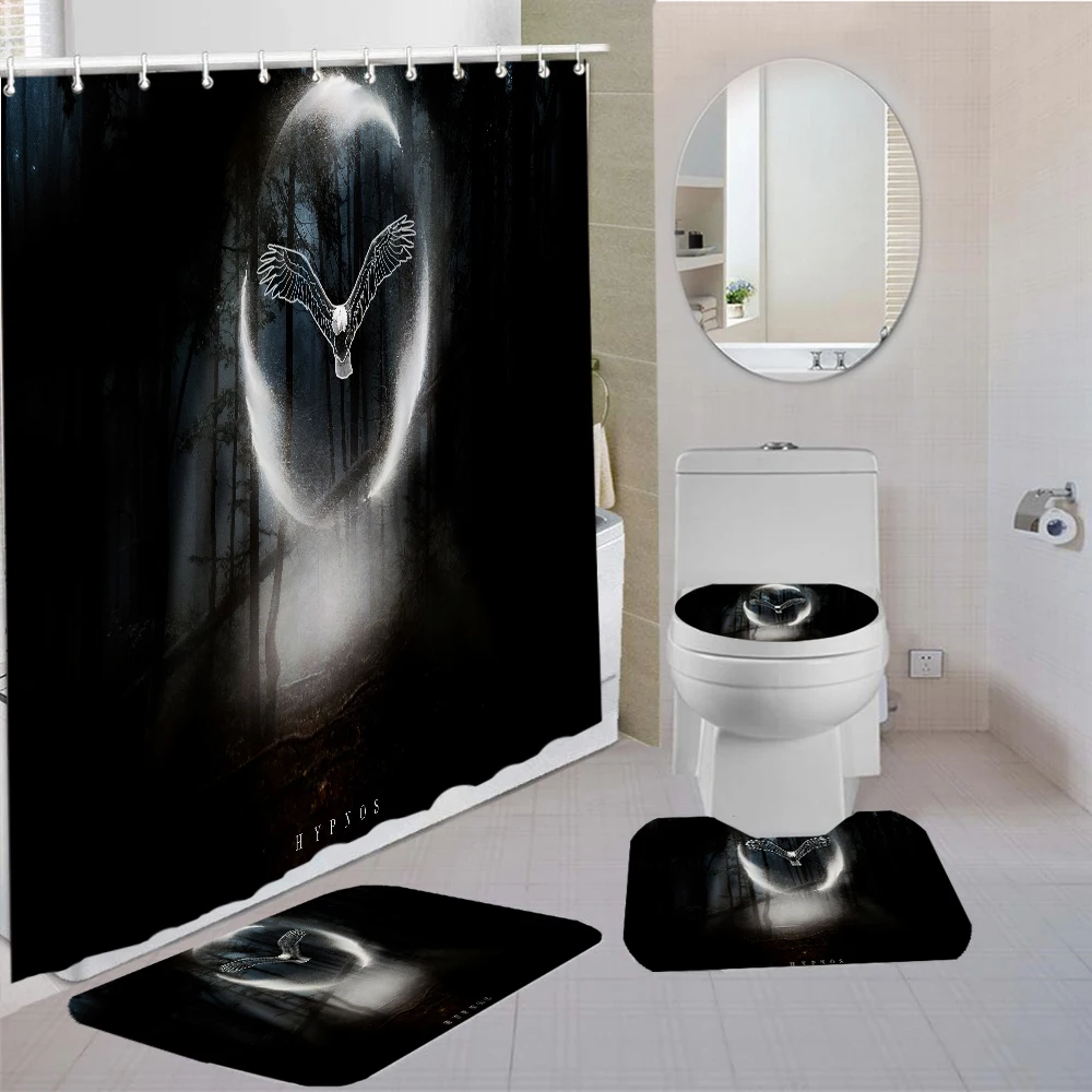 

Eagle Printed Shower Curtain Set with Non-slip Rug Toilet Lid Cover U-shaped Mat Bath Mat with Hooks Bathroom Accessory 4 PCS