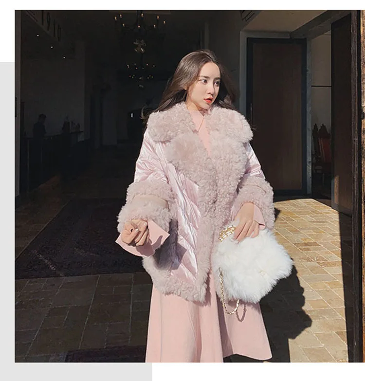Элегантная розовая Зимняя женская куртка с меховым воротником, шерстяная утепленная парка из овечьей шерсти, теплое пуховое хлопковое зимнее пальто, длинная парка MY42