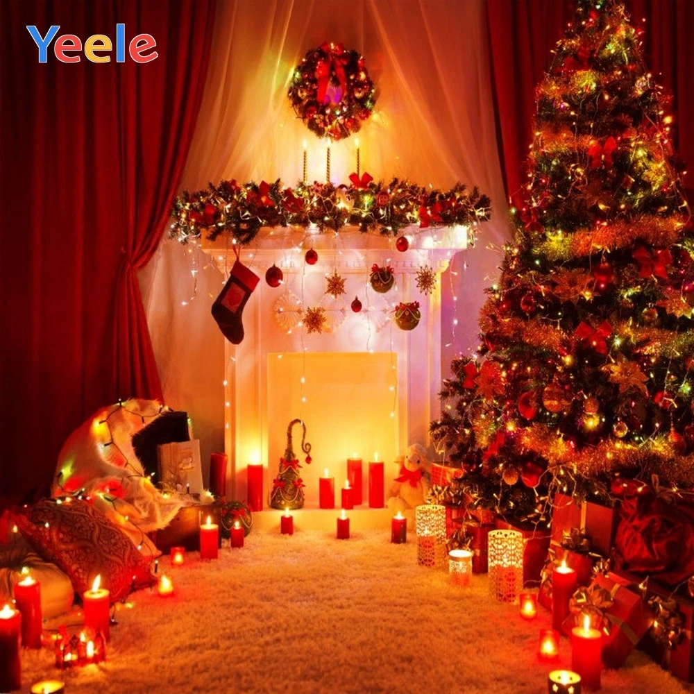 

Christmas Tree Curtain Candle Fireplace Backdrop Newborn Baby Party Photography Background Photocall Vinyl For Photo Studio