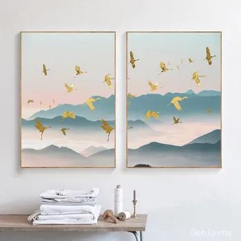 

Abstract Mountain Landscape Painting Print Golden Bird Canvas Posters Nordic Wall Art Picture Modern Living Room Decoration