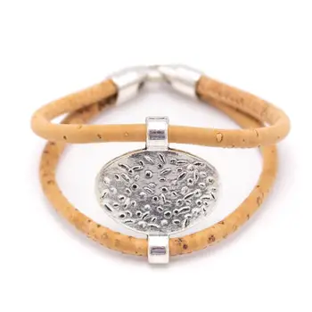 

Natural Cork handmade antique sliver round metal unise bracelet vintage original handmade wooden jewelry From PORTUGAL DBR-019