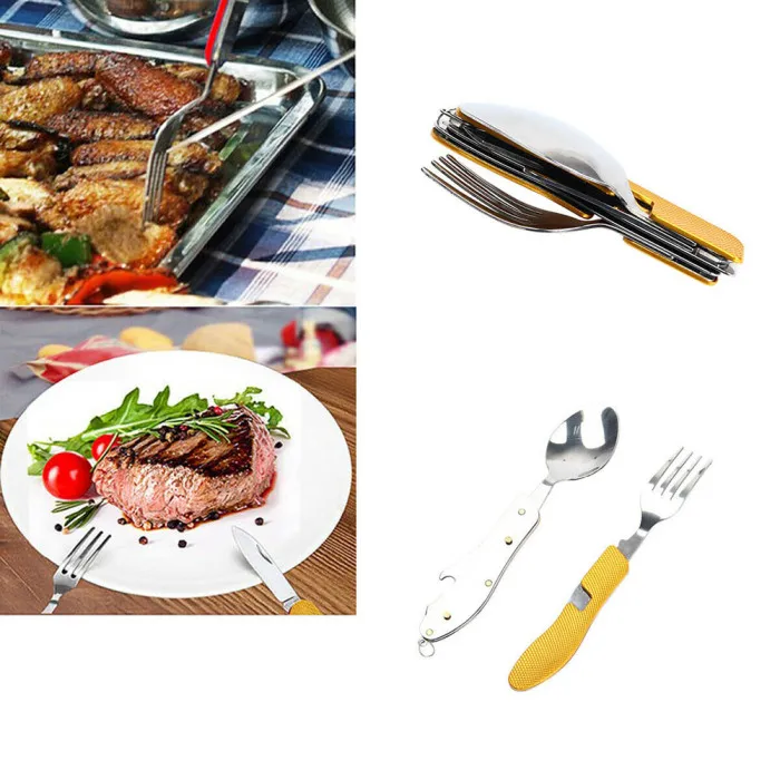 Портативная Складная посуда 3 в 1 из нержавеющей стали, ложка, вилка, нож, многофункциональный инструмент для кемпинга, пикника, набор P7Ding