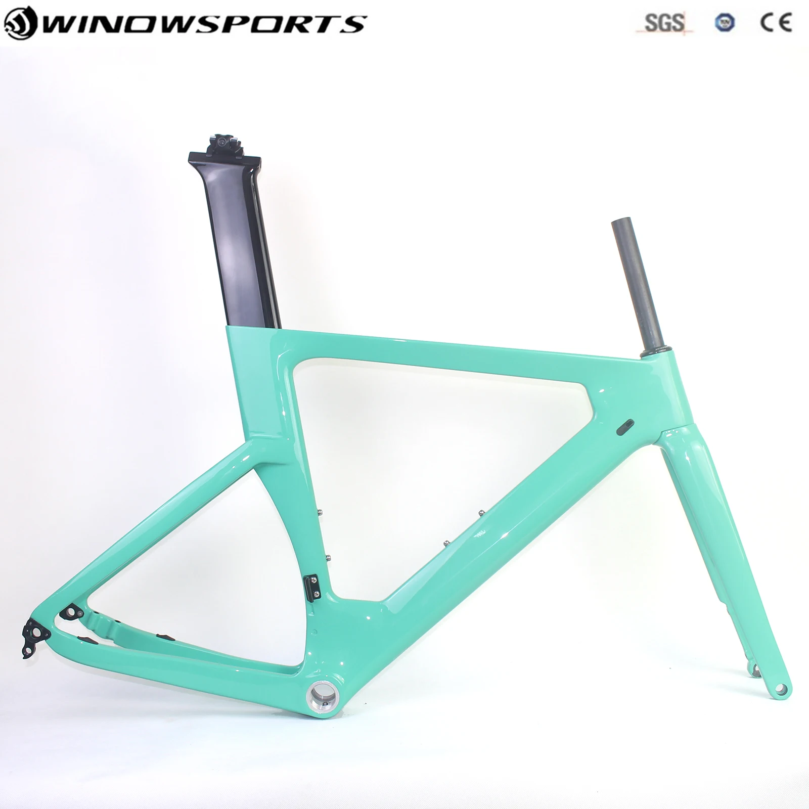 Mint green Аэро карбоновый диск дорожная рама углеродистая рама для дорожного велосипеда+ вилка+ подседельный штырь+ гарнитура карбоновая дорожная Рама размер 49/51/54 см - Цвет: Mint green