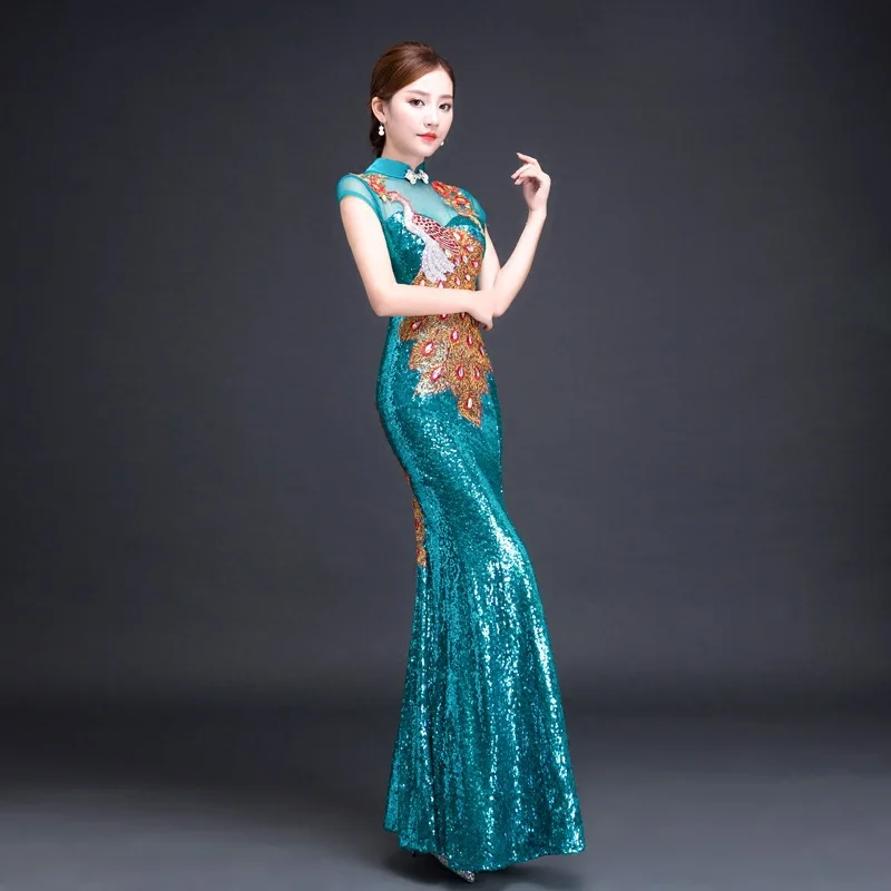 

Evening Dress Women 2020 Fashion Dress Show Queen Long Banquet Fish Tail Sequin Performance Improved Cheongsam Women