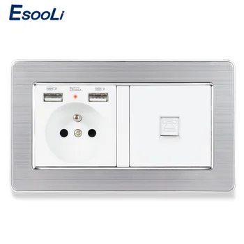 

ESOOLI Stainless Steel Brushed Silver Frame French Standard Socket with 2 USB +1 Gang RJ11 2 Core Telephone Connector Connector