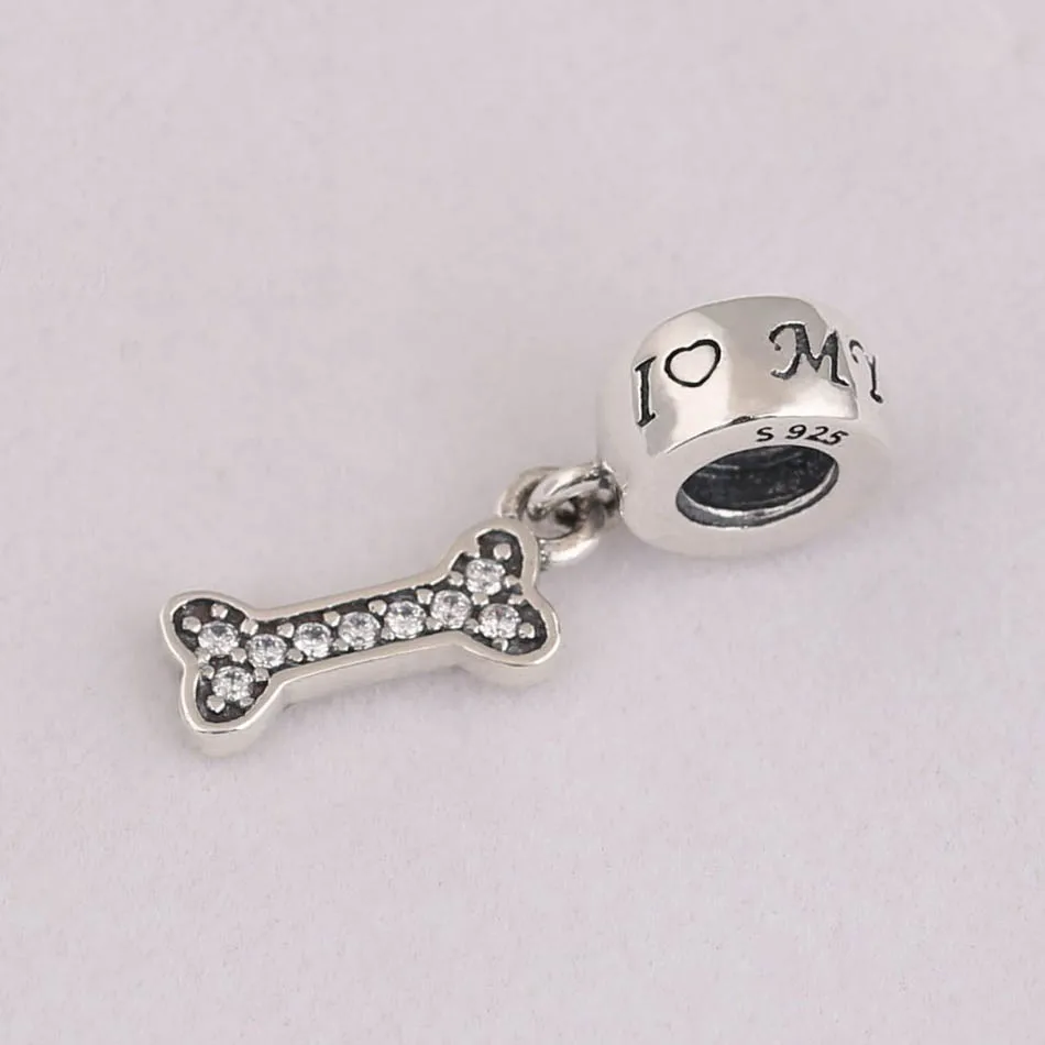 925 пробы серебро DIY Ювелирные изделия I love My Dog Висячие Шарм fit леди браслет Pave прозрачный CZ