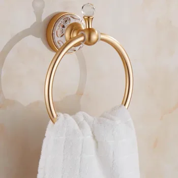

European style carved ceramics base towel ring for bathroom vintage brushed gold toilet towel hanger circles wall mounted