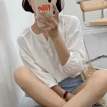 

Fashion Loose Blouse Women Round Neck Solid Color Blouses Button Irregular Shirt Long Sleeve Casual Tops Fall Clothing