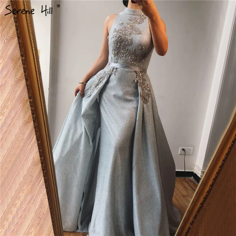

Silver Dubai Sleeveless Sexy Prom Dresses 2019 Beading Sequined Mermaid Prom Gowns Design Real Photo BLA70215
