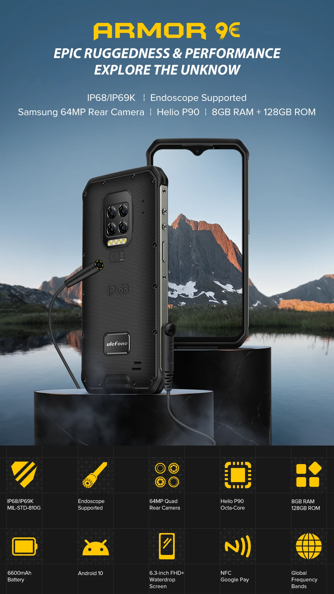 Ulefone Armor 9E  Android 10 Rugged Phone Helio P90 Octa-core 8GB+128GB 2.4G+5G WIFI Mobilene 6600mAh 64MP Camera NFC Smartphone 8gb ram