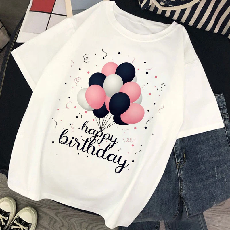 Женская футболка с надписью Happy Birthday Harajuku воздушные шары Kawaii забавная коротким