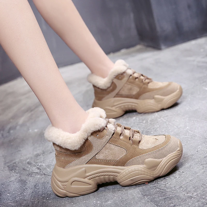 New Thick Sole Women's Winter Sneakers With Fur Sneakers Warm Plush Chunky Sneakers Platform Ladies Snow Boots Shoes Woman