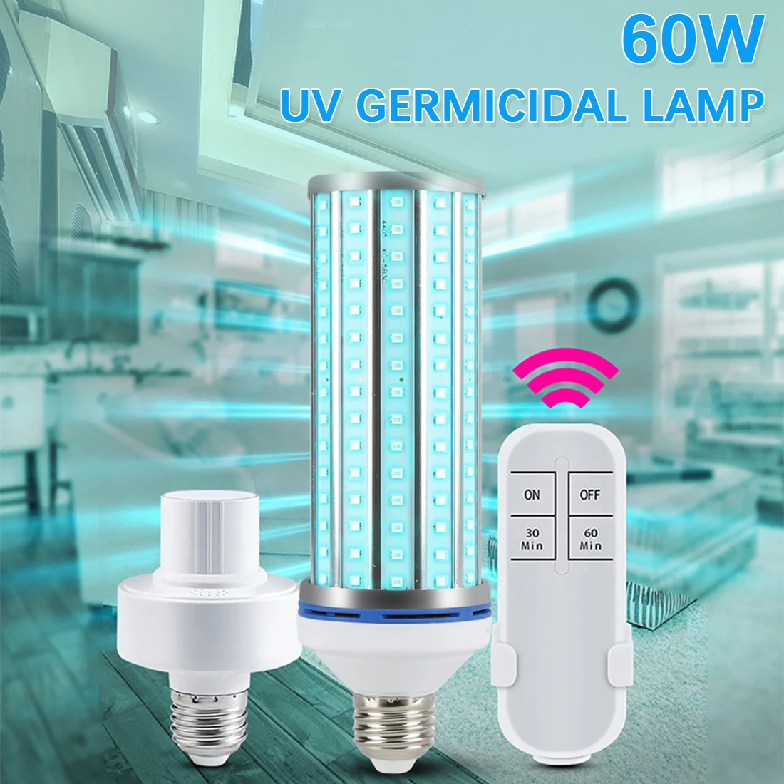 

60W UV Germicidal Lamp E27 Led UVC Light Bulb Remote Control Household Disinfection Light timing Killing Virus Mite Bacteria