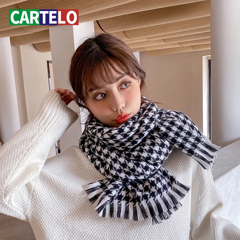 

CARTELO Cashmere houndstooth scarf winter women new style cashmere warmth tassel shawl scarf bib women