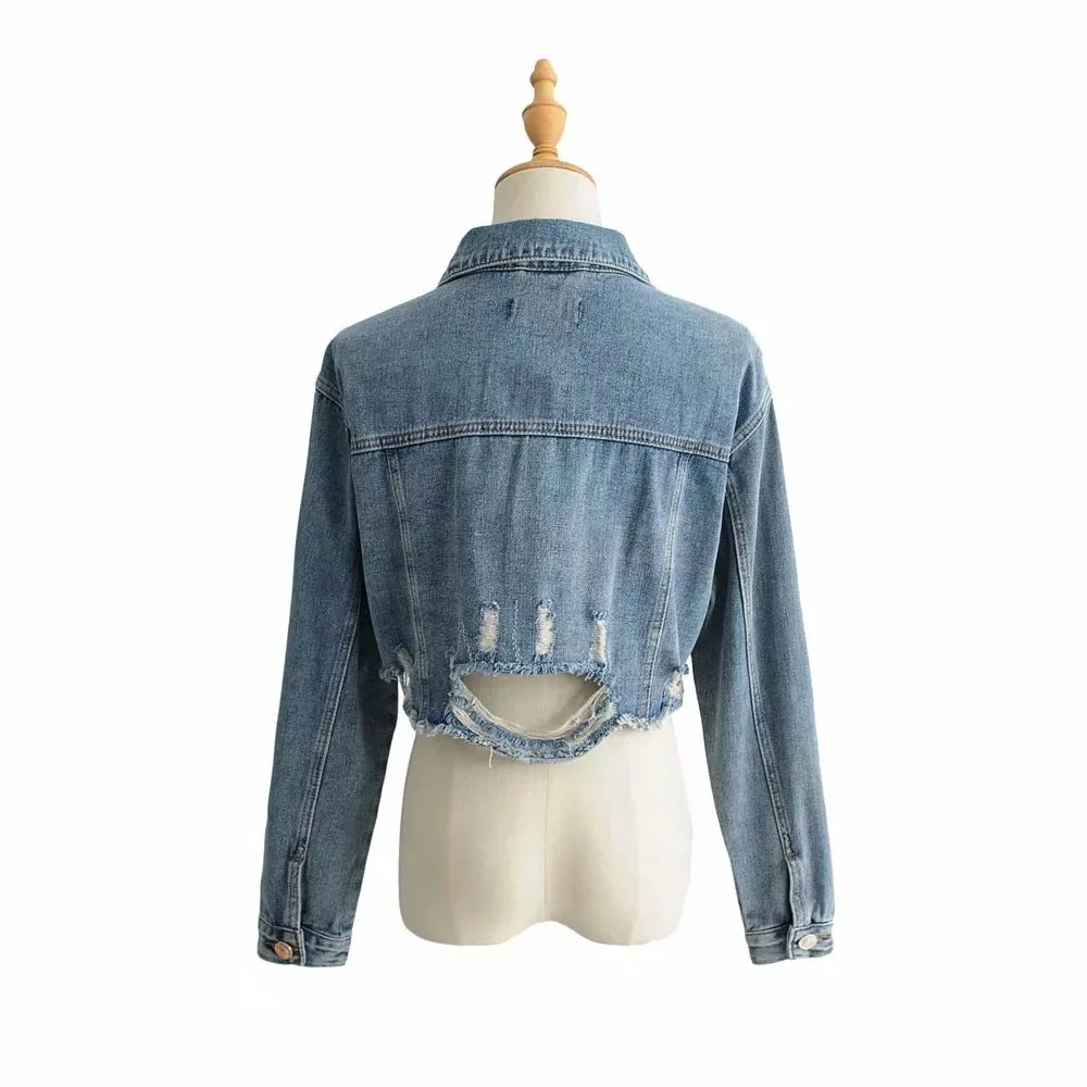 

Early Autumn New Style Cool with Holes Jeans Coat Women's Europe And America Retro Washing Short Slim Fit Denim Jacket