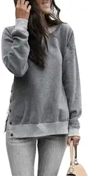 Женская однотонная толстовка с пуговицами, повседневный Свободный пуловер, туника с длинным рукавом, блузка