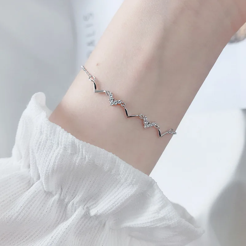 925 Sterling Silver Korean Version Simple Wave Heartbeat Pavé Crystal Bracelet Women Cute Princess Style Jewelry Accessories - Image 5