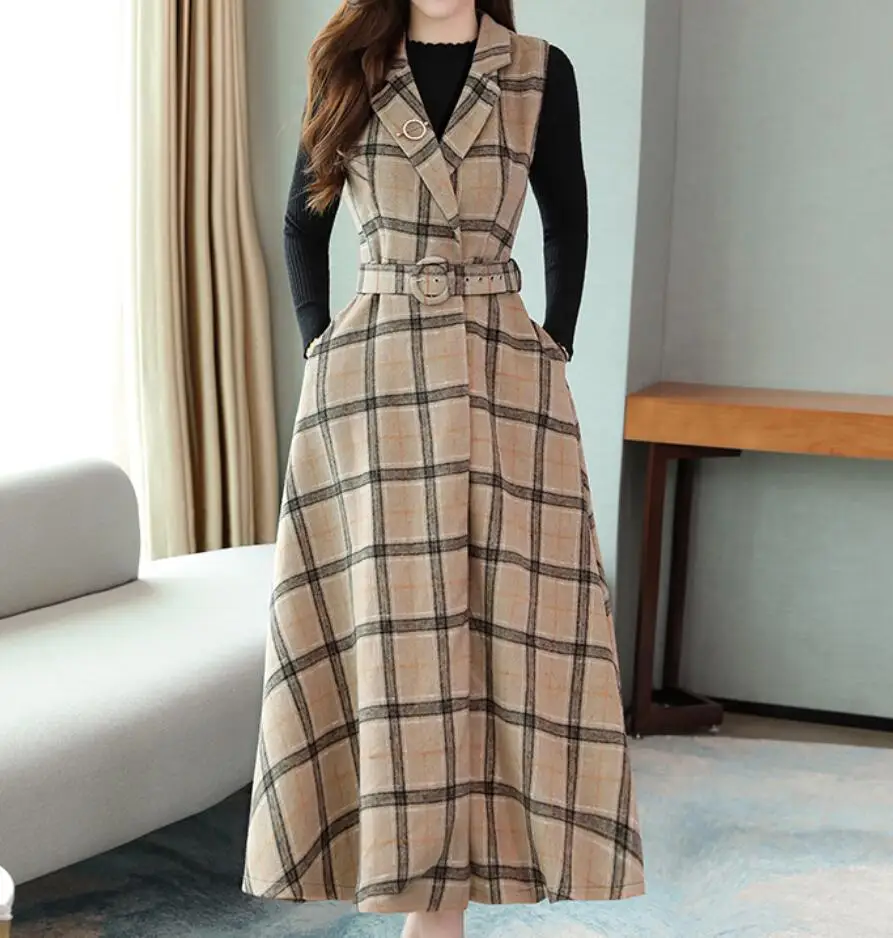 Осенне-зимнее винтажное клетчатое шерстяное платье размера плюс 3XL, женское приталенное платье трапециевидной формы с v-образным вырезом и высокой талией