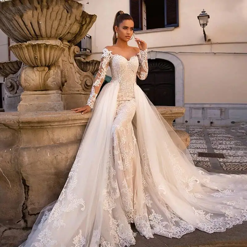 Vestido De Noiva пикантное романтичное кружевное свадебное платье русалки со съемным шлейфом с длинным рукавом 2 в 1 свадебное платье