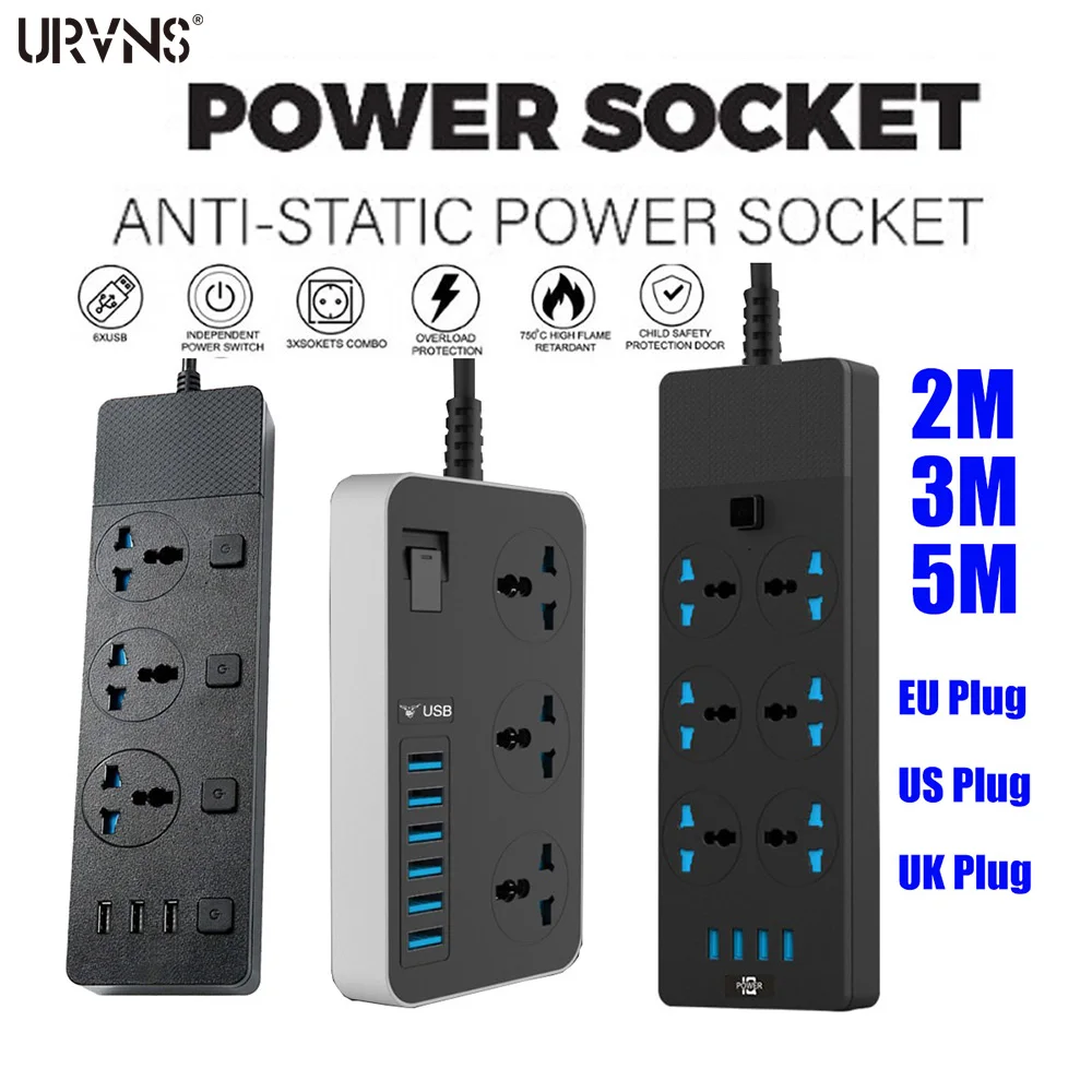 URVNS 3000W Power Strip Surge Protector Universal Socket Plug with USB 3/6 Outlet 2/3/5 Meter Extension Cord Charging Station