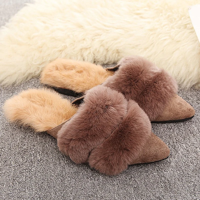 US $9.99 2020 Women Slippers Flat Shoes Fashion House Slippers Rabbit Fur SlipOn Cozy Winter Pointed Home Furry Slippers Woman Shoes