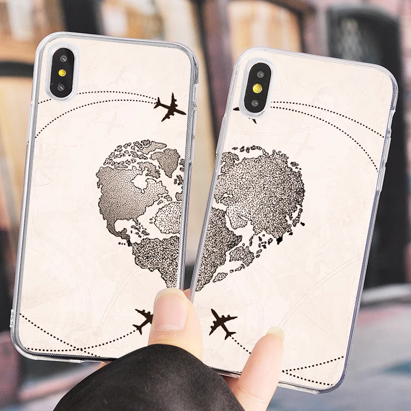 

Couple Planet Map Compass Simple Soft Silicone Case For iPhone 8 7 6 6s Plus X XR XS Max Cases Protective Transparent TPU Cover