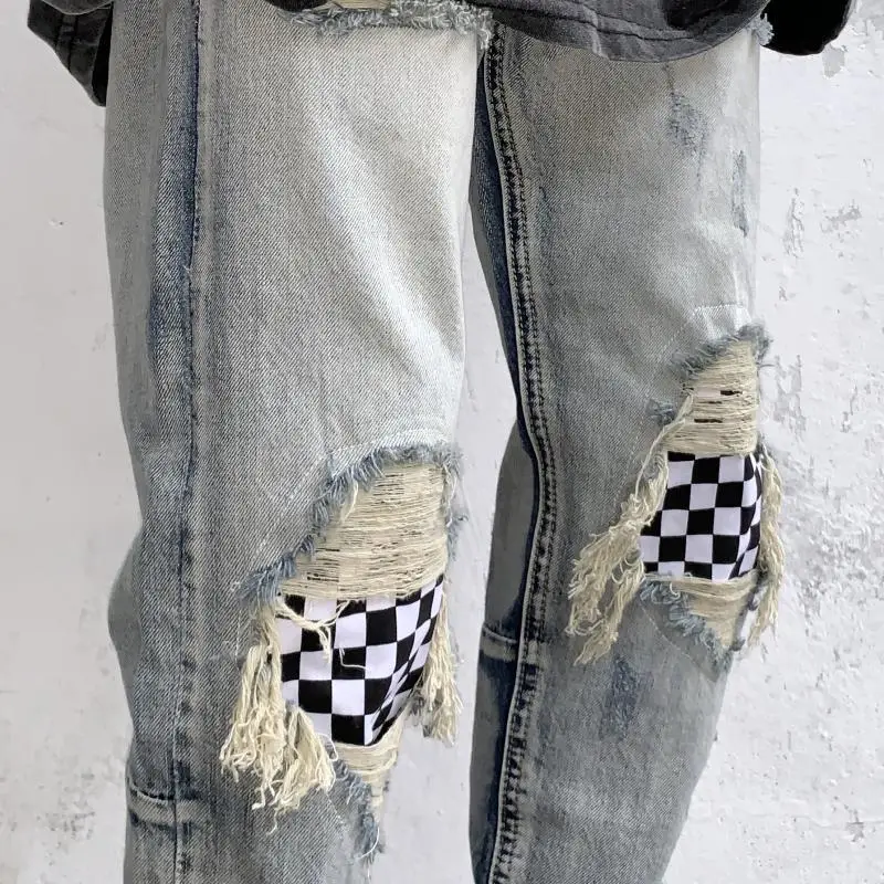 ICCLEK High Street Jeans Ripped Jeans Patch Pants Slim Fit Pants Jeans Men  Patchwork Jeans  Mens Loose Jeans  Painted Jeans