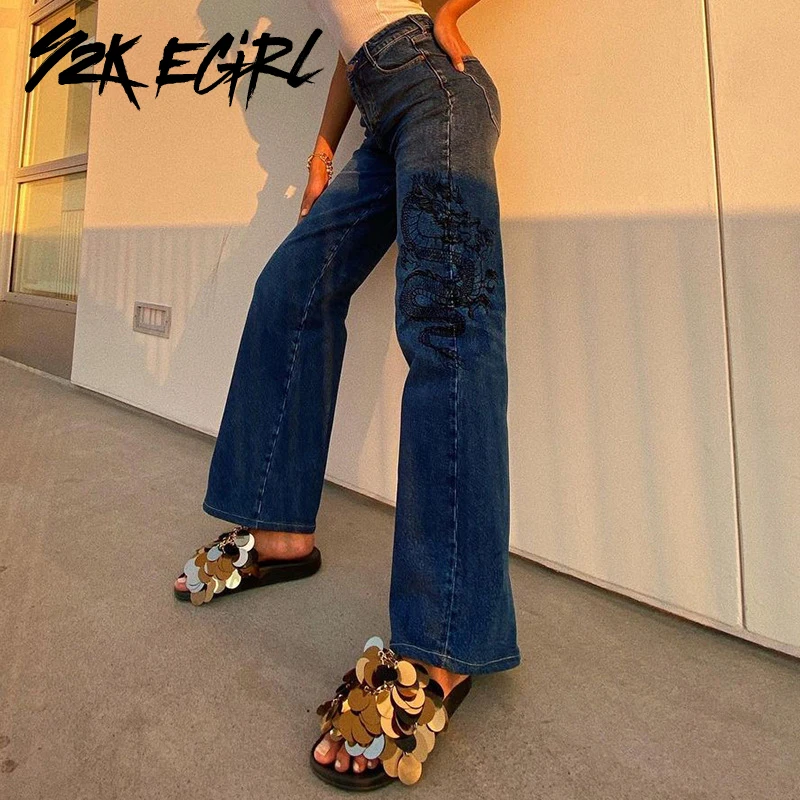 

Y2K EGIRL Grunge Dragon Pattern High Waist Jeans 90s Streetwerar Printing Slim Flare Pants Autumn Vintage Casual Demin Trousers