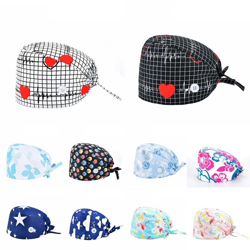 14 Colors Unisex Adjustable Working Scrub Cap with Protect Ears Button Floral Print Bouffant Hat Head Scarf | Аксессуары для