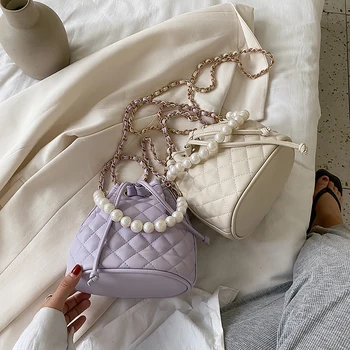 

Small PU Leather Bucket Bags For Women 2020 Fashion Summer Pearl Design Shoulder Handbags Female Travel Cross Body Bag