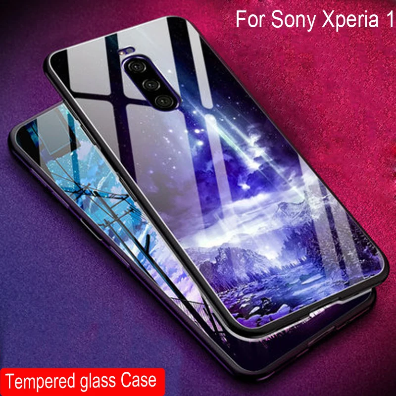 

Tempered Glass Case For Sony Xperia 1 Silicone soft Back Cover For Sony Xperia 1 Xperia1 Starry Pattern Phone Cases Shell