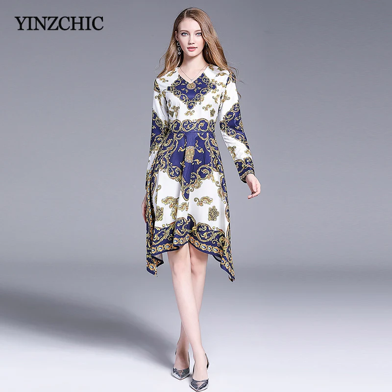 

Vintage Printed Woman Irregular Dress V-neck Ladies Elegant Midi Dresses Slim Print Dress for Woman Autumn New Dresses Women