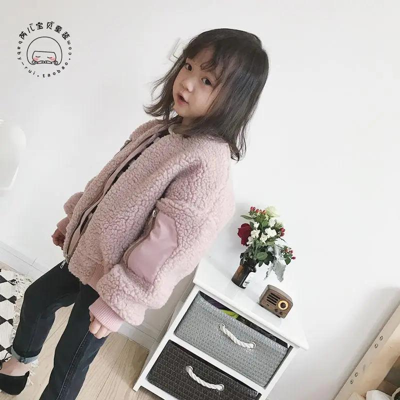 

Childrenswear 2017 Winter New Style Girls Pink Berber Fleece Baseball Uniform Zip-up Jacket Cotton-padded Clothes Cotton Coat N1