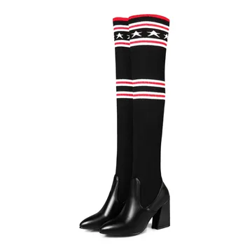 

2018 New Women Boots Sexy Fashion Over The Knee Boots Square Med Heel Stretch Fabric Female Riding Boots Winter Thigh High Boots