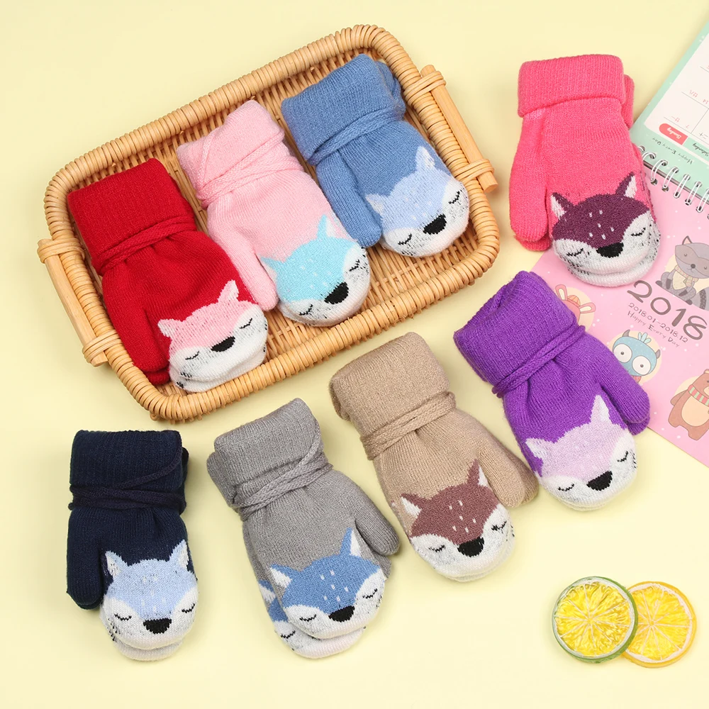 

HOT Cute Cartoon Fox 0-3 Years Old Kids Gloves Winter Knit Wool Newborn Mittens Velvet Thick Children Kids Keep Finger Warm