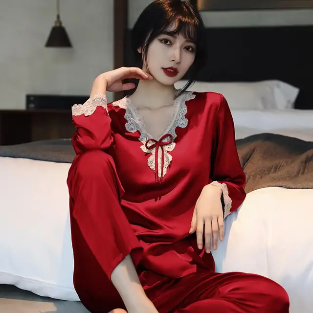 Lace Pj's 2PCS Sleepwear Women Satin Pajamas Suit Summer Pyjamas Casual Intimate Lingerie Long Sleeve Shirt&Pants Lounge Wear Burgundy C
