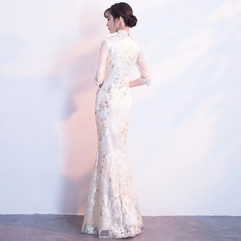 Элегантное китайское вечернее платье Qipao, винтажное тонкое платье русалки, кружевное Цветочное платье подружки невесты, Cheongsam