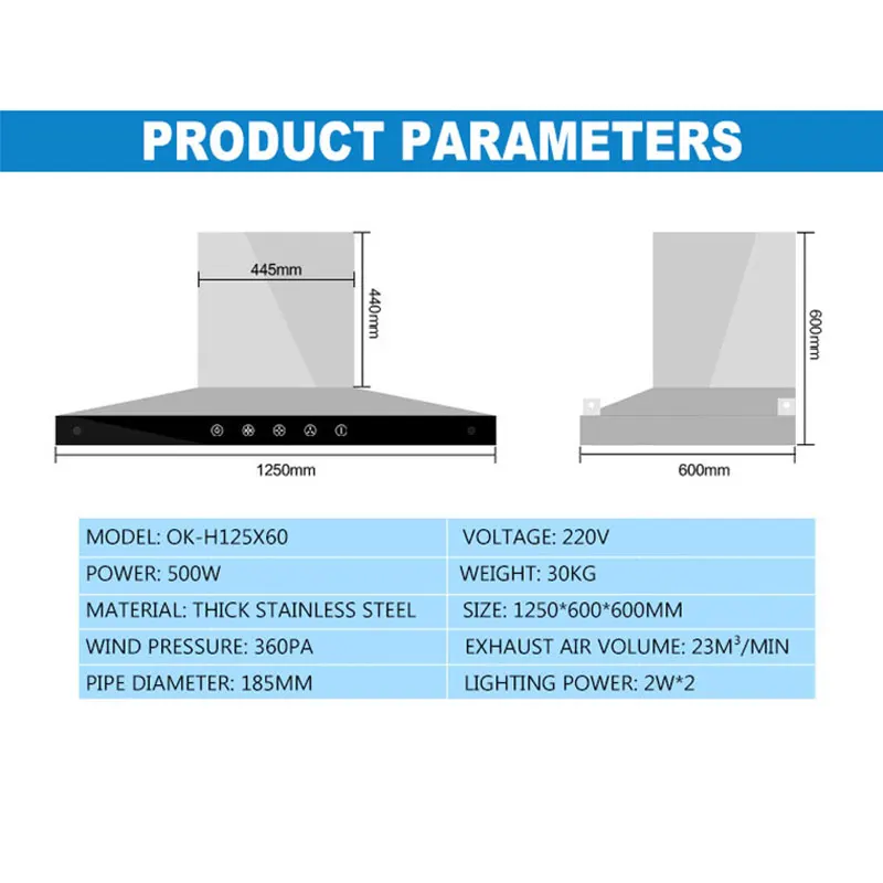 Вытяжные вытяжки из нержавеющей стали 1,25 м, высокомощная вытяжка из нержавеющей стали с большим всасыванием, бесшумная кухонная плита OK-H125X60