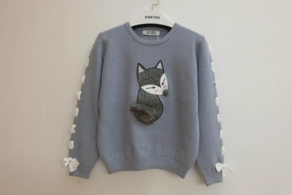 

Women's sweater Autumn and winter new three-dimensional fox Embroidery cartoon pattern knit top women Fashion stretch sweater
