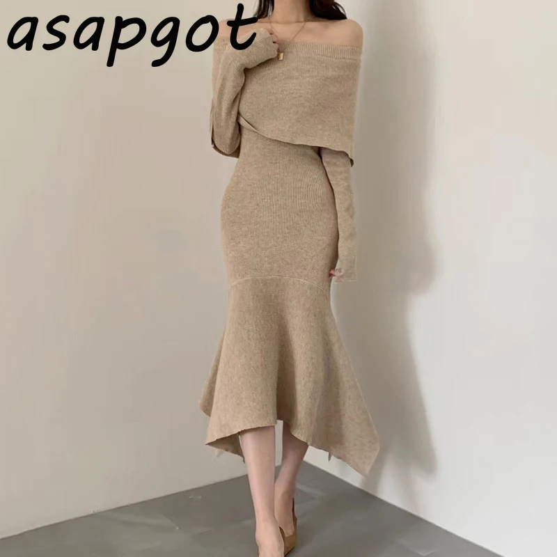 Asapgot шикарное корейское женское платье с воротником-лодочкой хаки вязаное