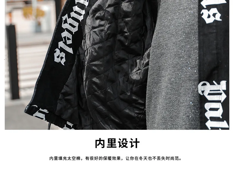 Vefadisa Letter Print Denim Coat Woman Winter Thick Denim Coat Black Zippers Stand Collar Loose Coat Hip-hop QYF1380