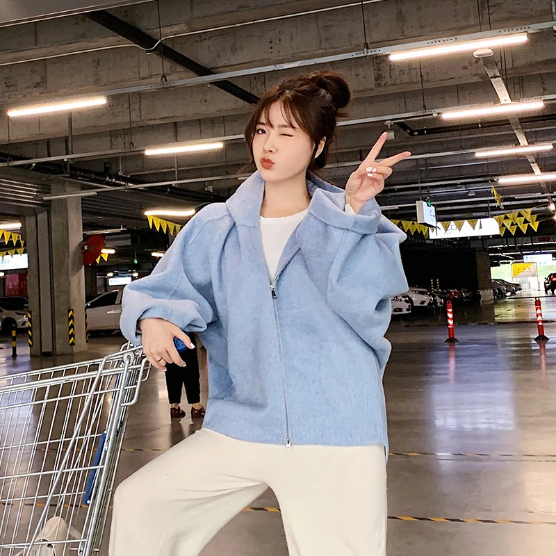 

Fall 2019 Hat Korean Edition Short Coat Loose Profile Double-sided Wool Cashmere Overcoat Women Zippers Pockets Wool Coat Women