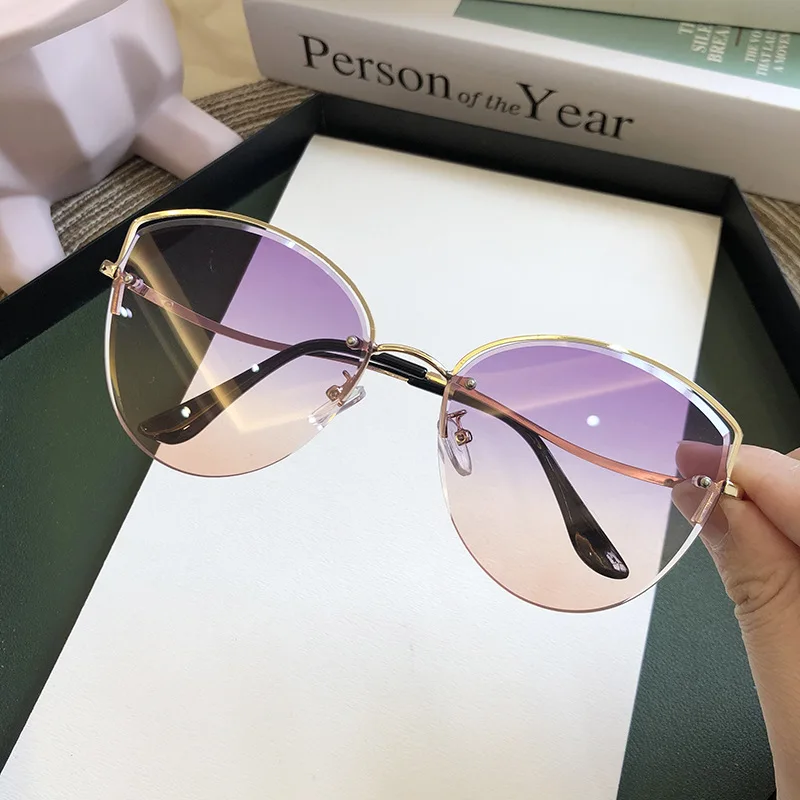 Brand Rimless Sunglasses Women Luxury Cat Eye Sun Glasses Ladies Clear Gradient Sunglass 2022 Diamond Cutting Lenes UV400 big sunglasses for women