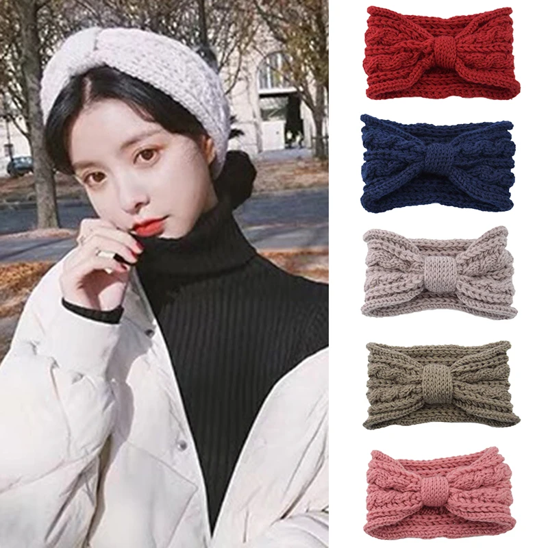 

Winter Warmer Ear Knitted Headband Turban For Lady Women Crochet Bow Wide Stretch Hairband Headwrap Hair Accessories
