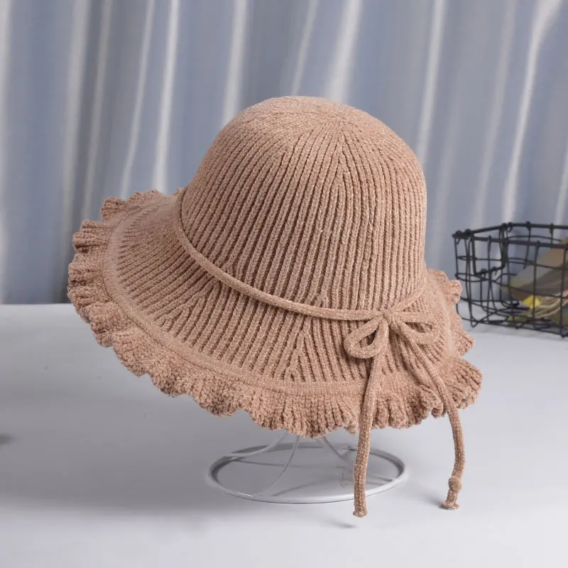 Pure color chenille bucket hat 2109 new female Wild Joker Sunshade basin hat with big brim retro hat autumn/winter hat for women - Цвет: Хаки