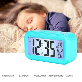 

LED Digital Alarm Clock Time Data LCD Display Snooze Function Electronic BackLight Sensor Nightlight Table Student Kids Clock