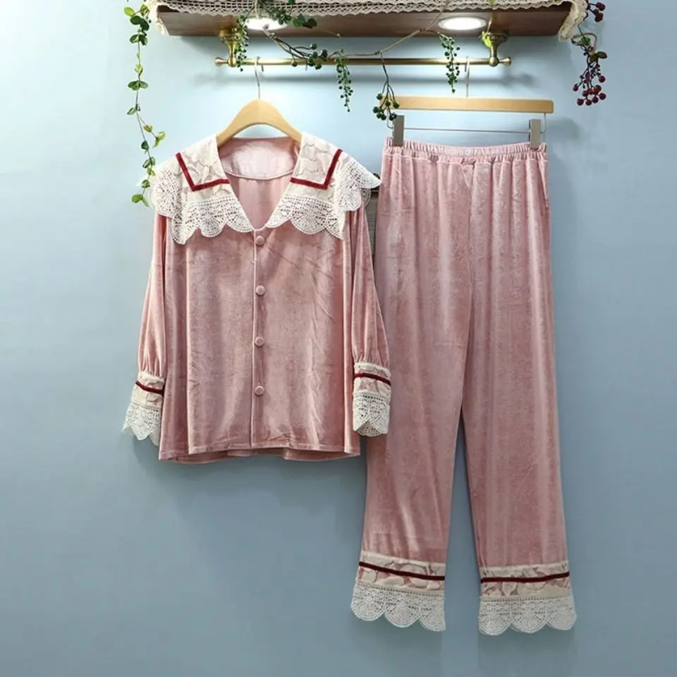 

2020 Autumn Winter Women Pajama Sets Sleepwear Suit Thick Warm Coral Flannel Coral nightgown Autumn Female Long Pyjamas Sets